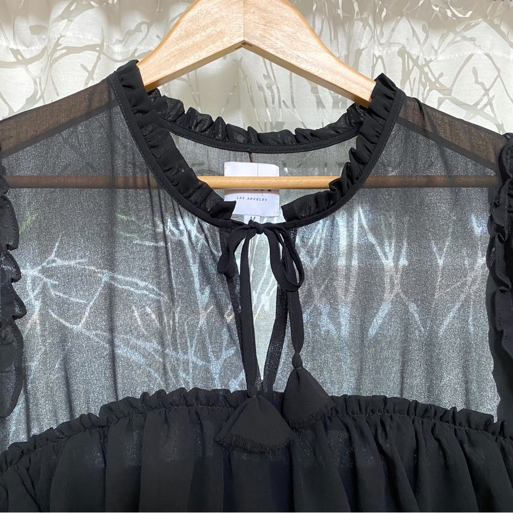 MISA Jazmine black tiered layered ruffle sheer short sleeve tassel neck dress - Picture 9 of 15